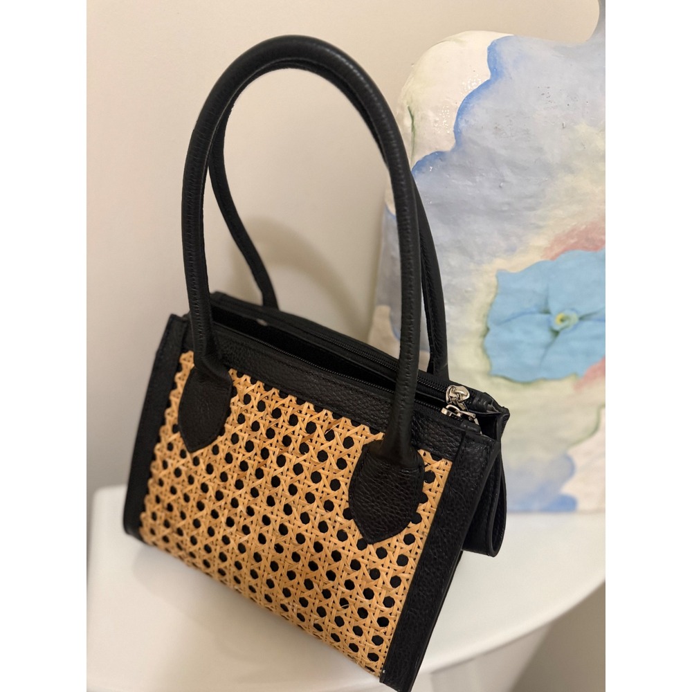 Diane B. Milano Black Leather and Woven Cane Handbag Satchel Triple Compartment